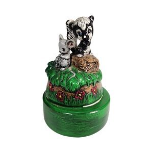 Vintage Ceramic Skunk and Mouse Musical Box Rotating Woodland Animal Decor
